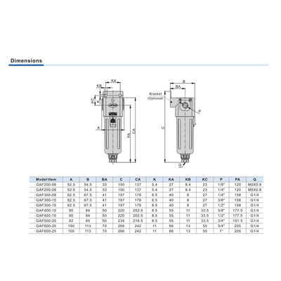 GAF200N08AJT AIRTACSMALL PARTICUALTE FILTER<BR>GAF200 SERIES 1/4" NPT 40 MIC NB W/AD